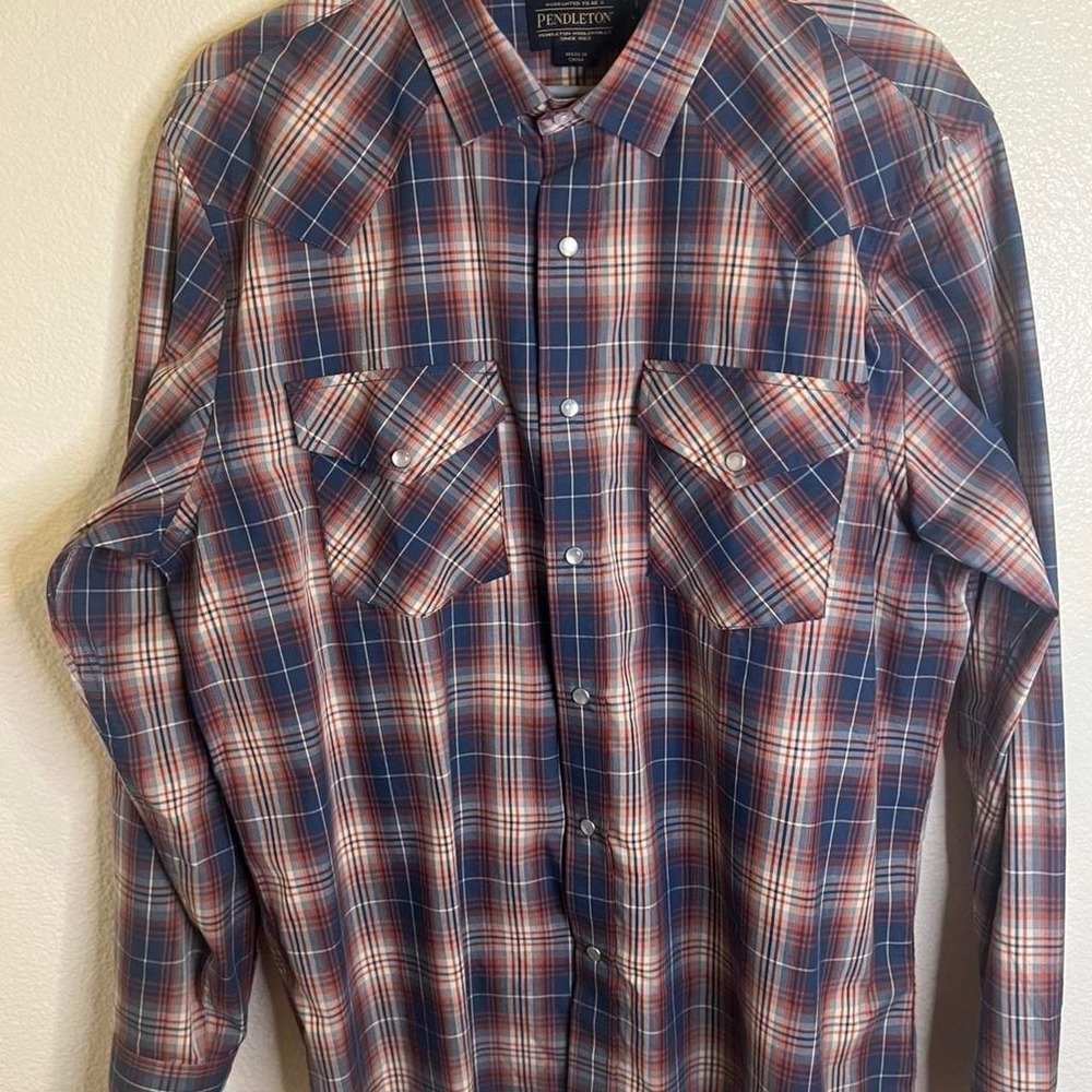 Pendleton Frontier Mens Blue Orange Plaid Western Snap Long Sleeve Shirt Large - Picture 2 of 5